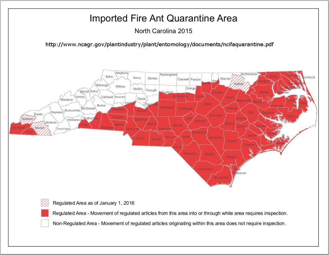 Imported Fire Ant Quarantine Area map showing impacted counties