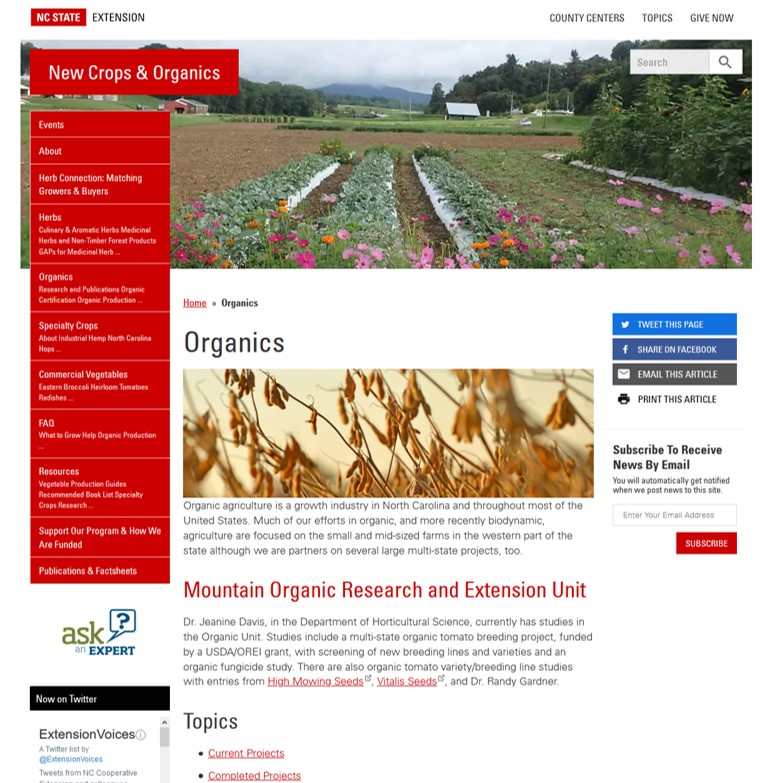 screenshot of organics page on New Crops and Organics website